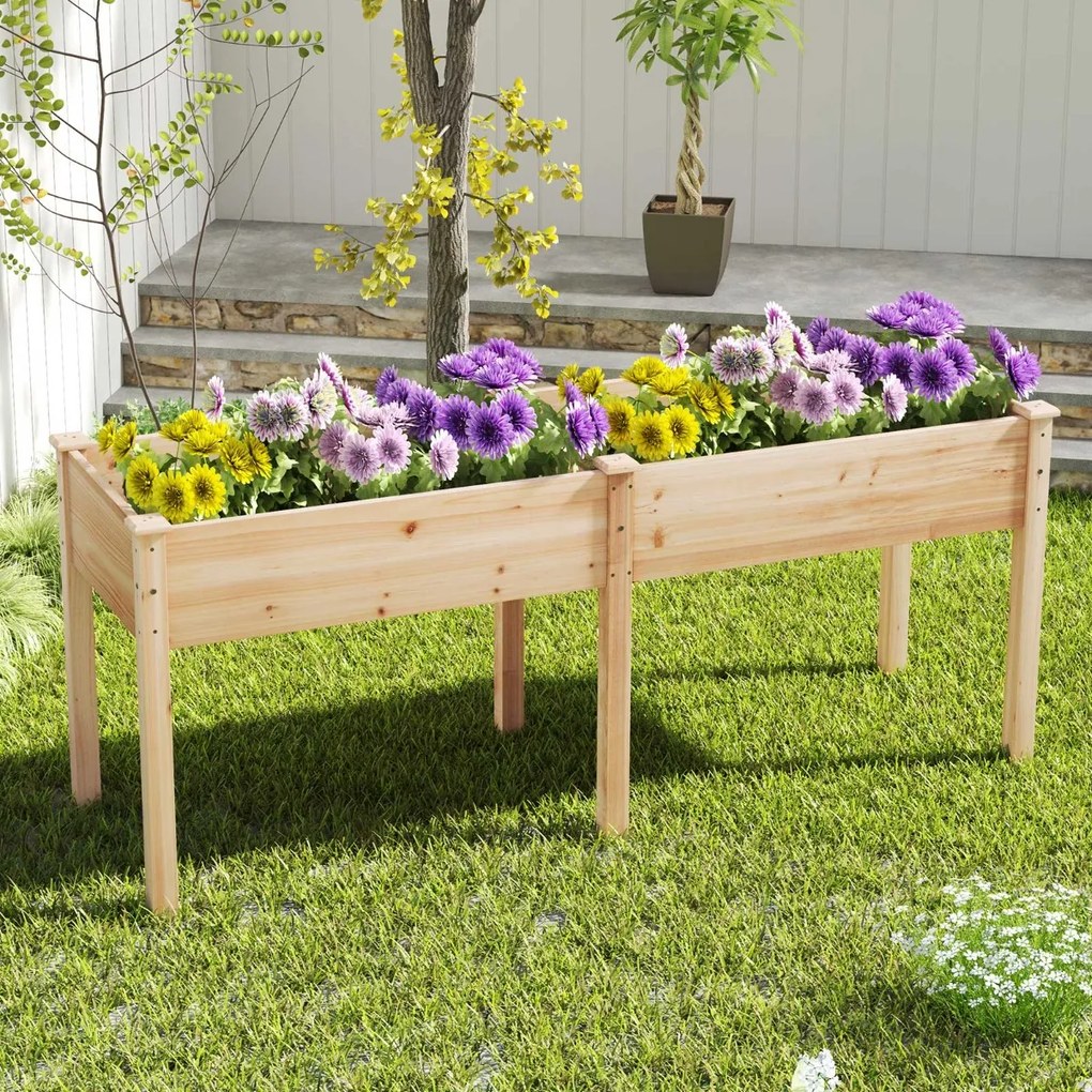 Floreira elevada com separador e 8 orifícios de drenagem para vegetais e flores para jardim ou terraço 184 x 58 x 77 cm Natural