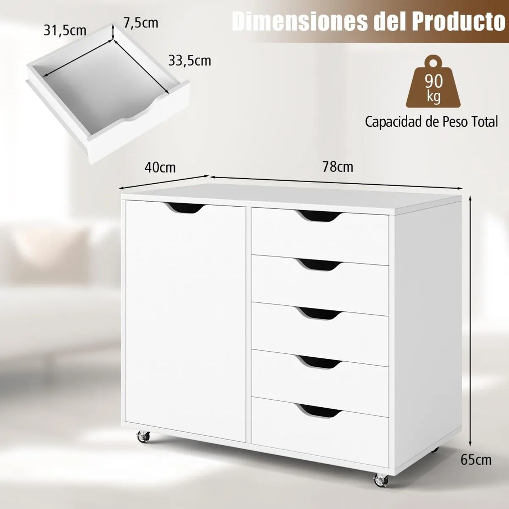 Arquivo escritório 78 x 40 x 65 cm com 5 gavetas com 4 rodas giratórias Branco