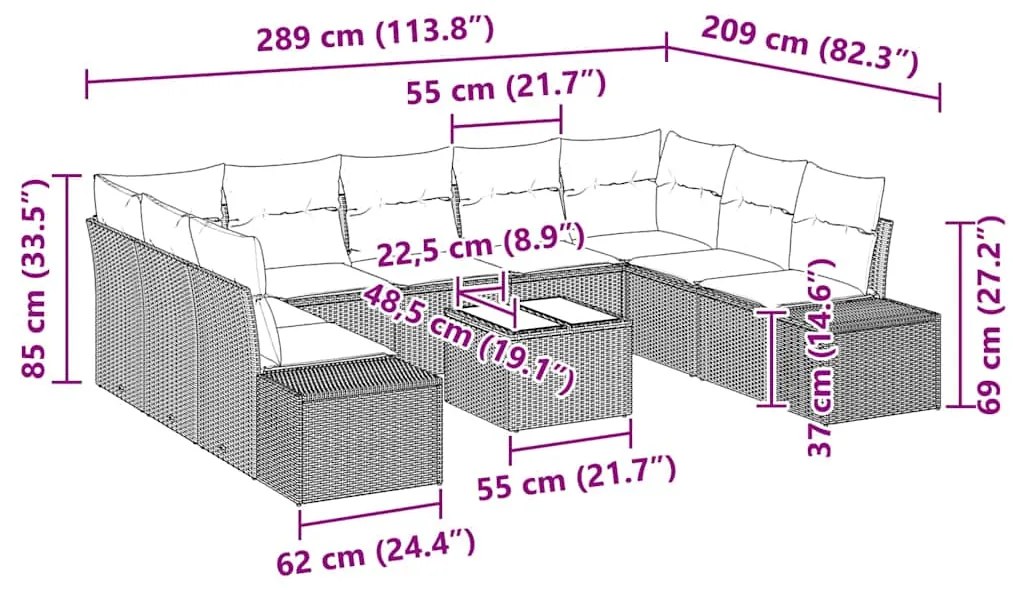 Conjunto de Sofá de Jardim com 10 Peças e Almofadas em Rattan Poly Mar