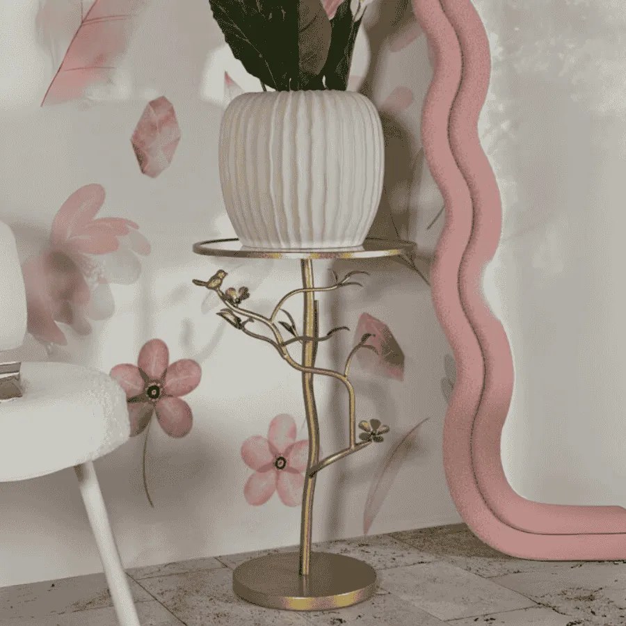 MESA DE APOIO COM PÁSSAROS, DE VIDRO Ø 38X60 CM DOURADO