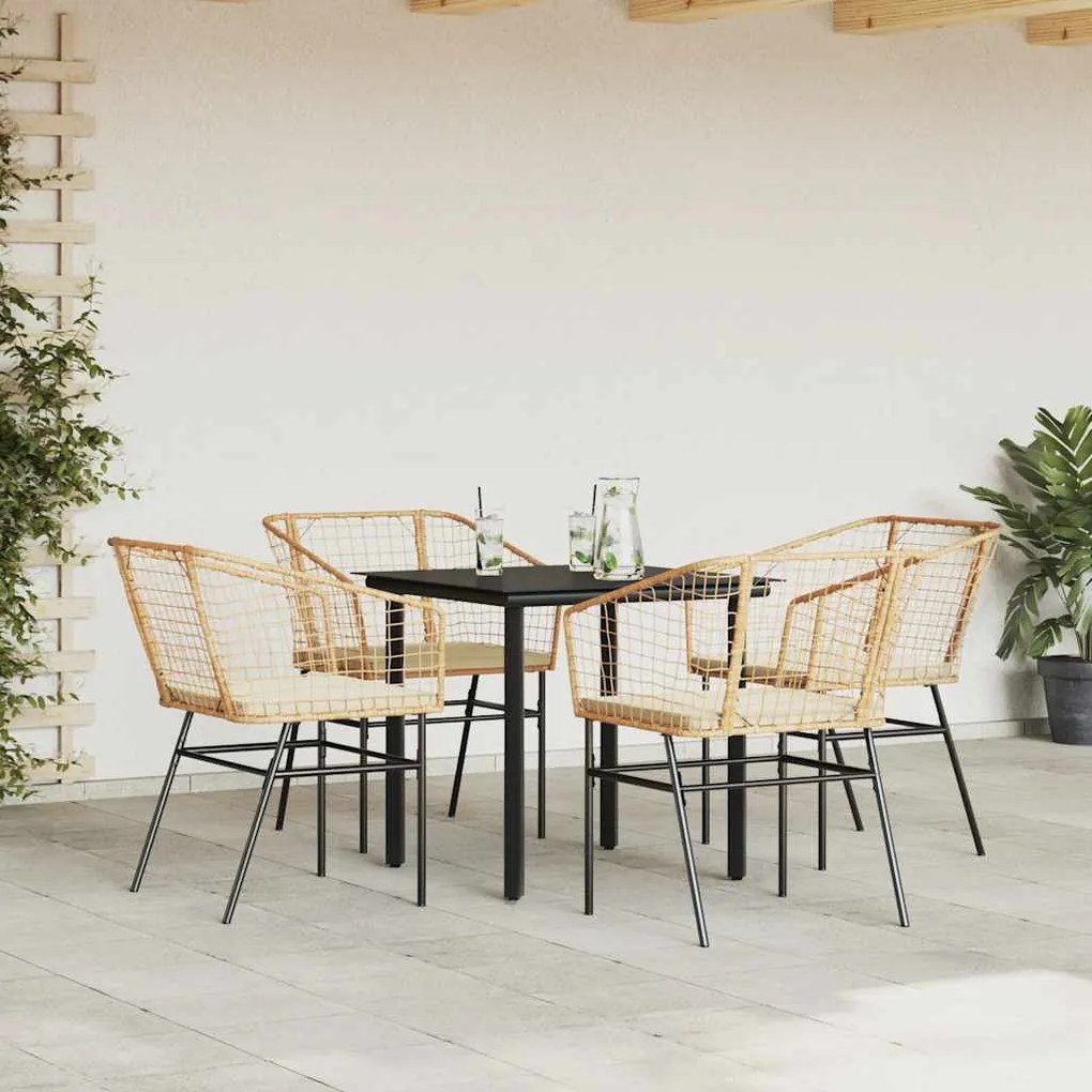 Conjunto jantar jardim 5 peças almofadas vidro vime PE castanho