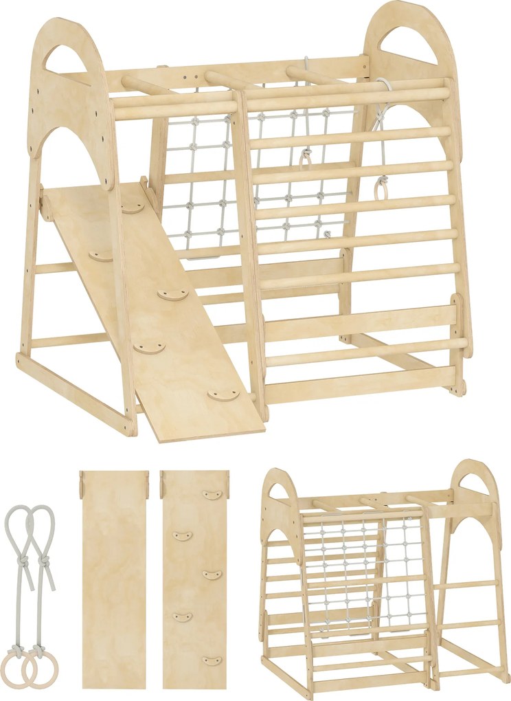AIYAPLAY Klettergerüst para interiores, design 6 em 1, escorrega, barras de escalada, parede de escalada, escada, rede de escalada, 3-6 anos, madeira | Aosom Portugal