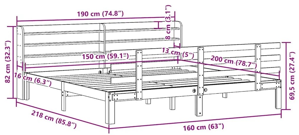 Estrutura cama c/ cabeceira 150x200cm pinho maciço castanho-mel
