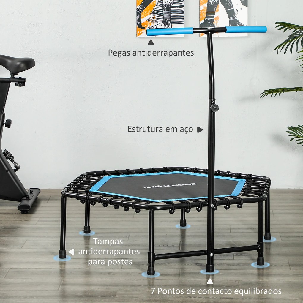 Trampolim Fitness 114x114x132 cm com Guiador Ajustável em 3 Níveis Estrutura de Aço para Treino de Perna Corpo Azul