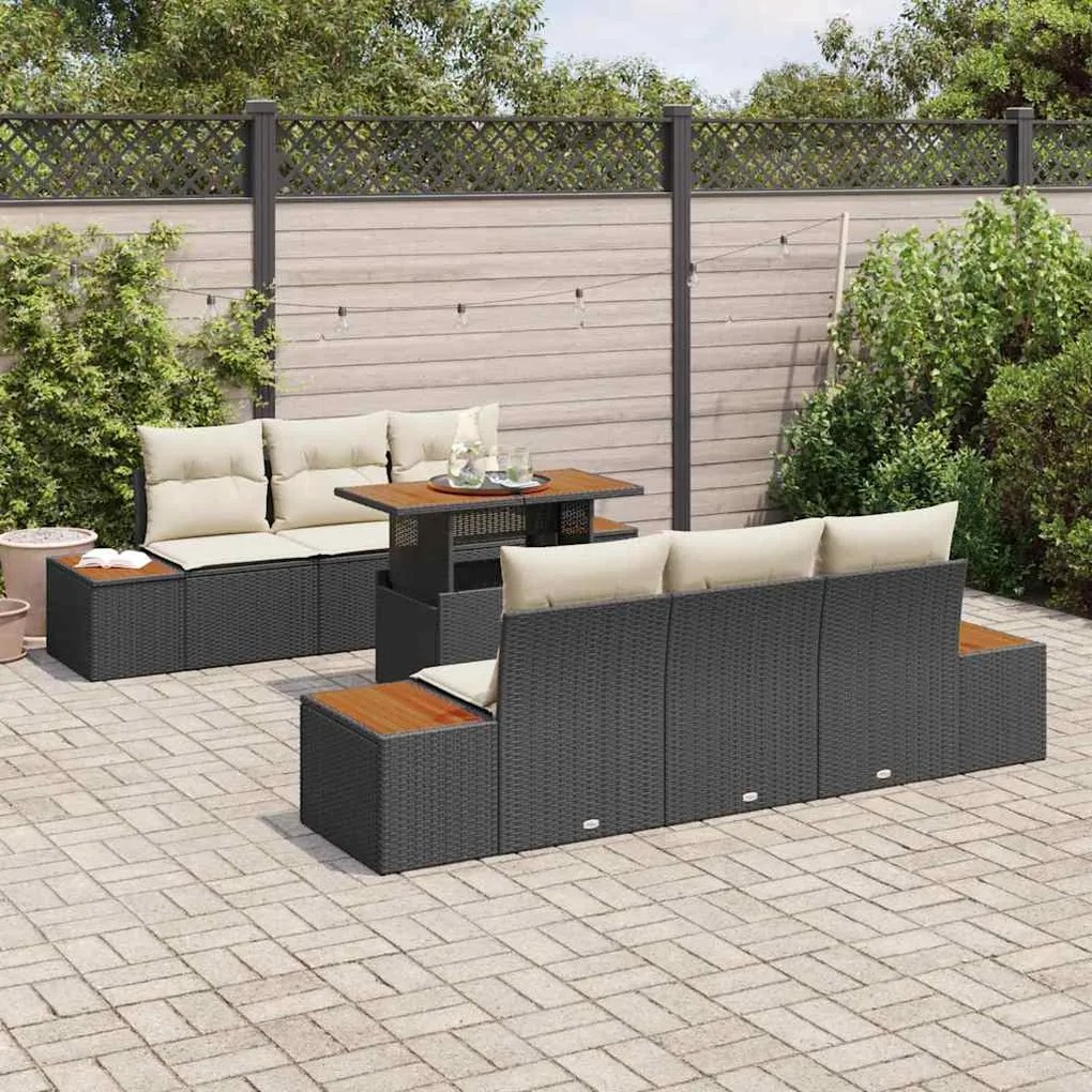 Conjunto de Jantar para Jardim de 7 Peças com Almofadas Preto em Ratta
