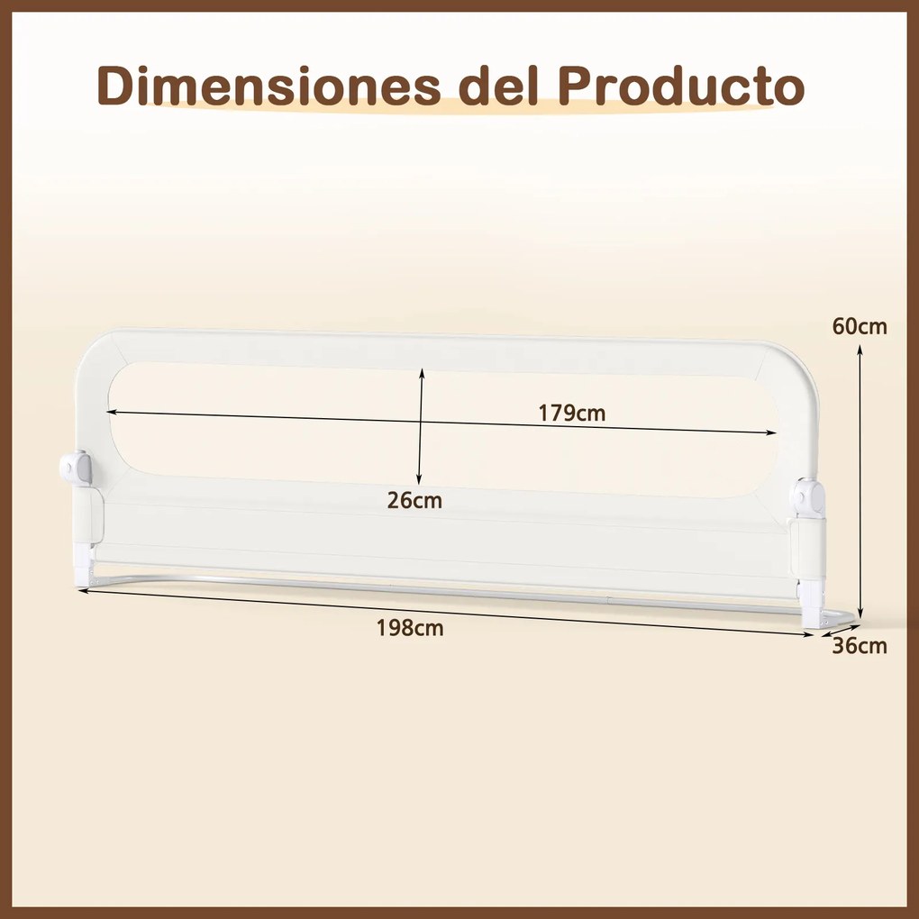 Barreira dobrável para camas infantis, 198,5 x 36 x 60 cm, com capa removível em tecido Oxford, base em U, com correia e fivela, branca