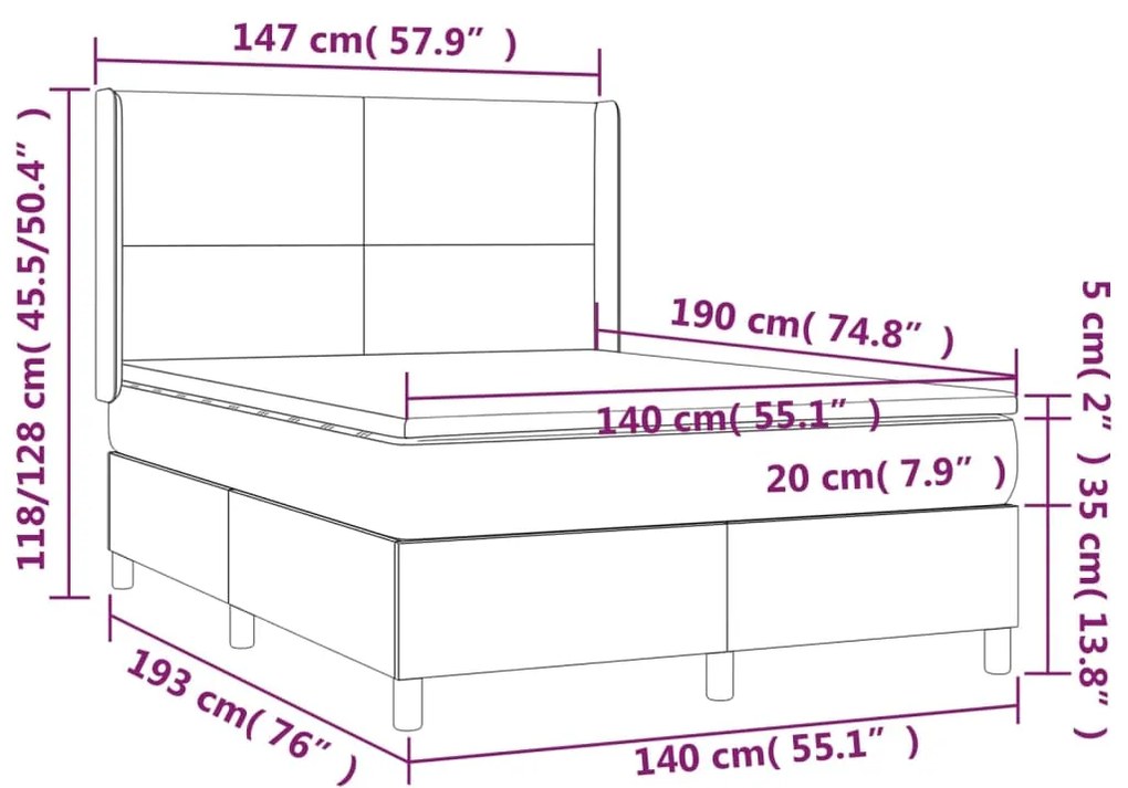 Cama box spring c/ colchão e LED 140x190 cm tecido cor creme