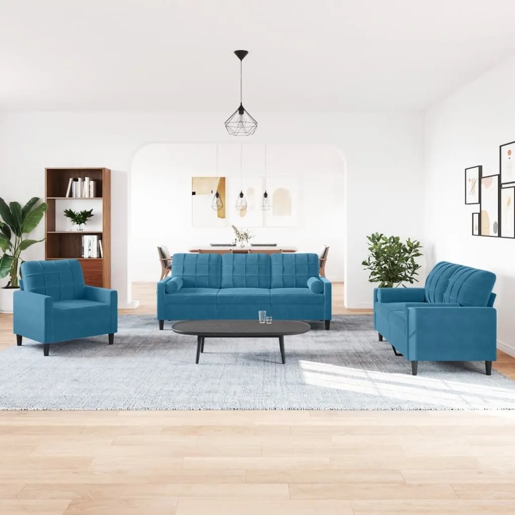 3 pcs conjunto de sofás com almofadões e rolos veludo azul