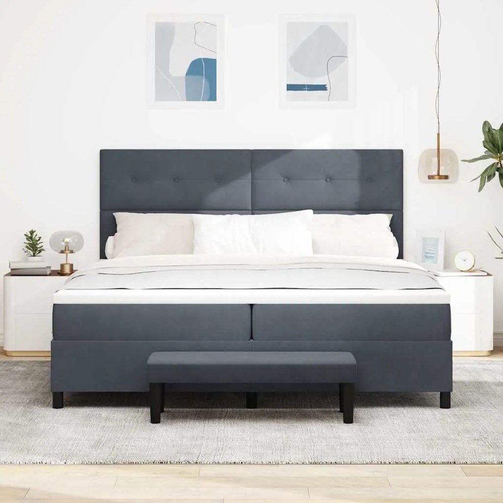 Cama Box Spring com Colchão e Banco Cinza Escuro 200x200 cm Veludo
