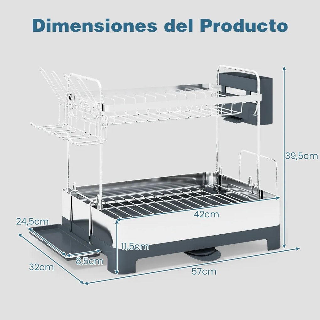 Escorredor de pratos em aço inoxidável de 2 níveis com suporte para louça, pratos, tigelas, copos, tábuas de cortar e organizador de utensílios cinza