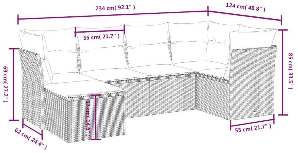 6 pcs conjunto sofás de jardim com almofadões vime cinzento