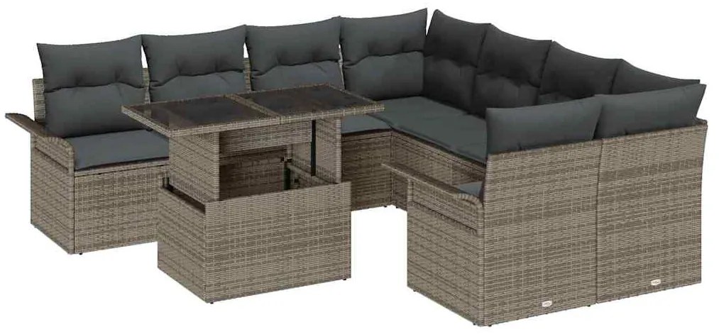 Conjunto de Sofá de Jardim vidaXL 9 Peças com Almofadas Cinzento em Ra