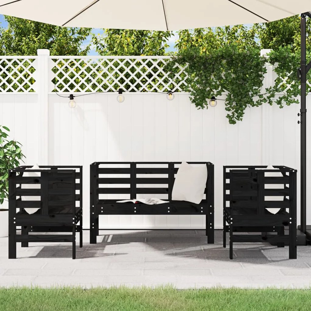 3 pcs conjunto lounge de jardim madeira de pinho maciça preto