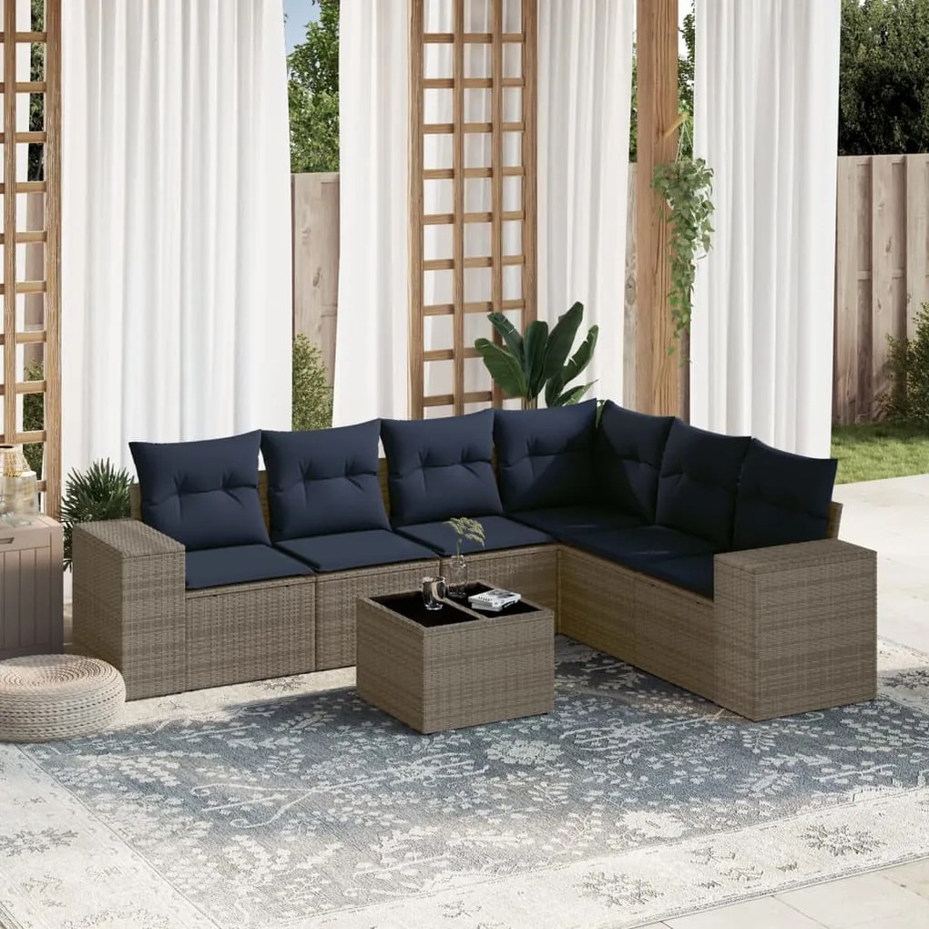 vidaXL 7 pcs conjunto sofás p/ jardim c/ almofadões vime PE cinzento