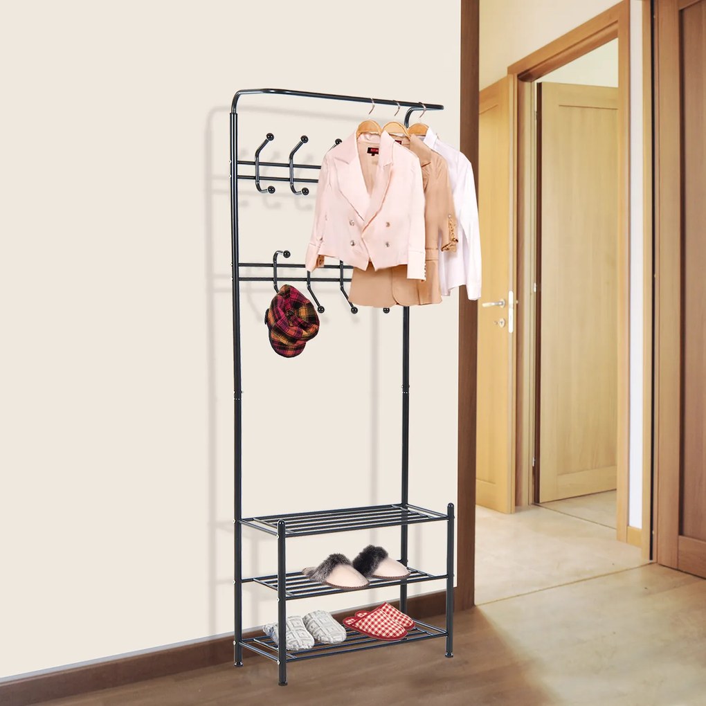 HOMCOM Cabide Cabide metálico Sapateiro para roupas e sapatos Cabide Pie 18 Ganchos 3 Prateleiras 67x30x185cm