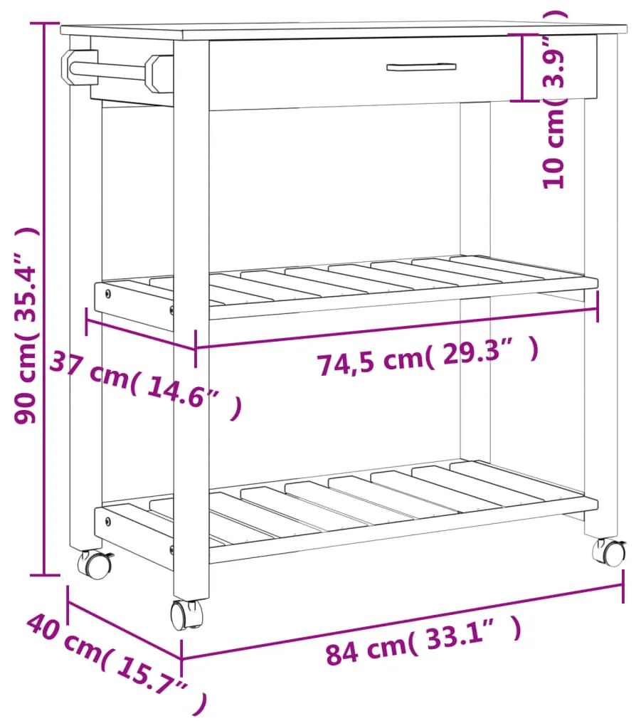 Carrinho de cozinha MONZA 84x40x90 cm madeira de pinho maciça