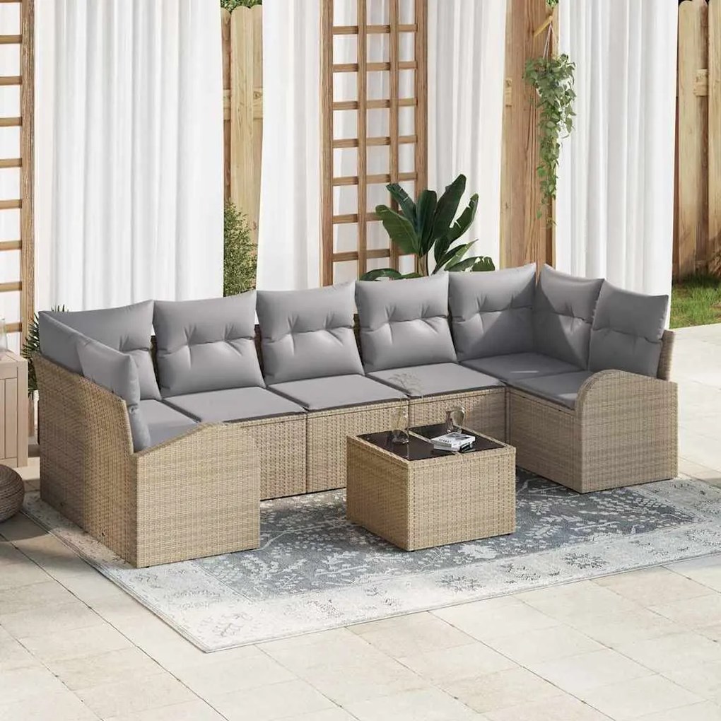 Conjunto de Sofá de Jardim com 8 Peças e Almofadas Beige em Poly Ratta