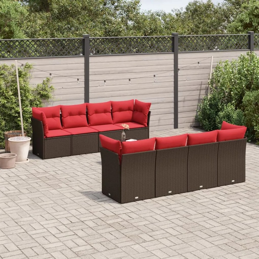 vidaXL 9 pcs conjunto sofás p/ jardim c/ almofadões vime PE castanho