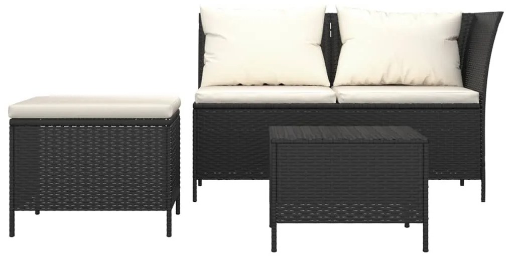 3 pcs conjunto lounge de jardim c/ almofadões vime PE preto