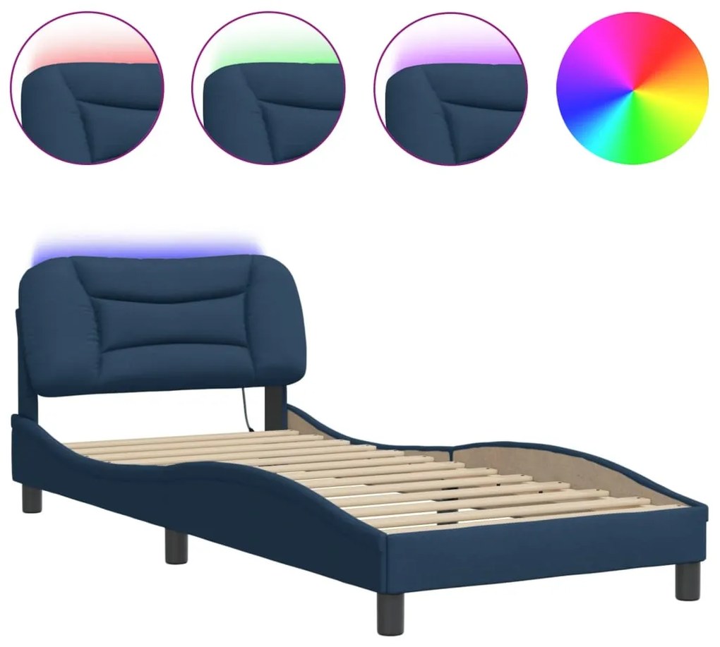 Estrutura de cama com LED sem colchão 90x190 cm tecido azul