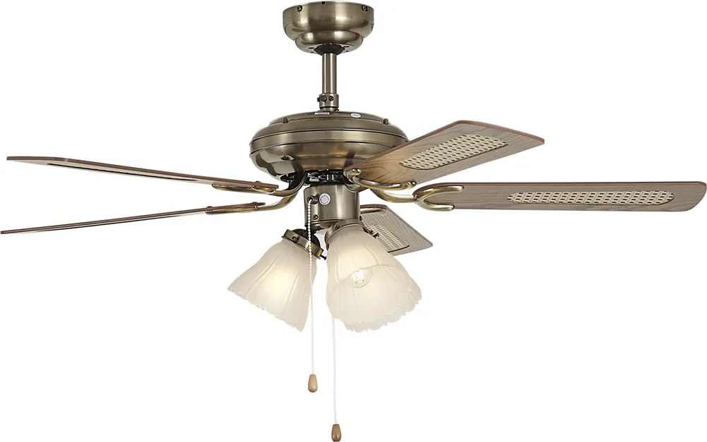 Ventoinha de Teto Latão com Padrão de Madeira e Rattan 105cm com Interruptor de Puxar - Mistral Lia