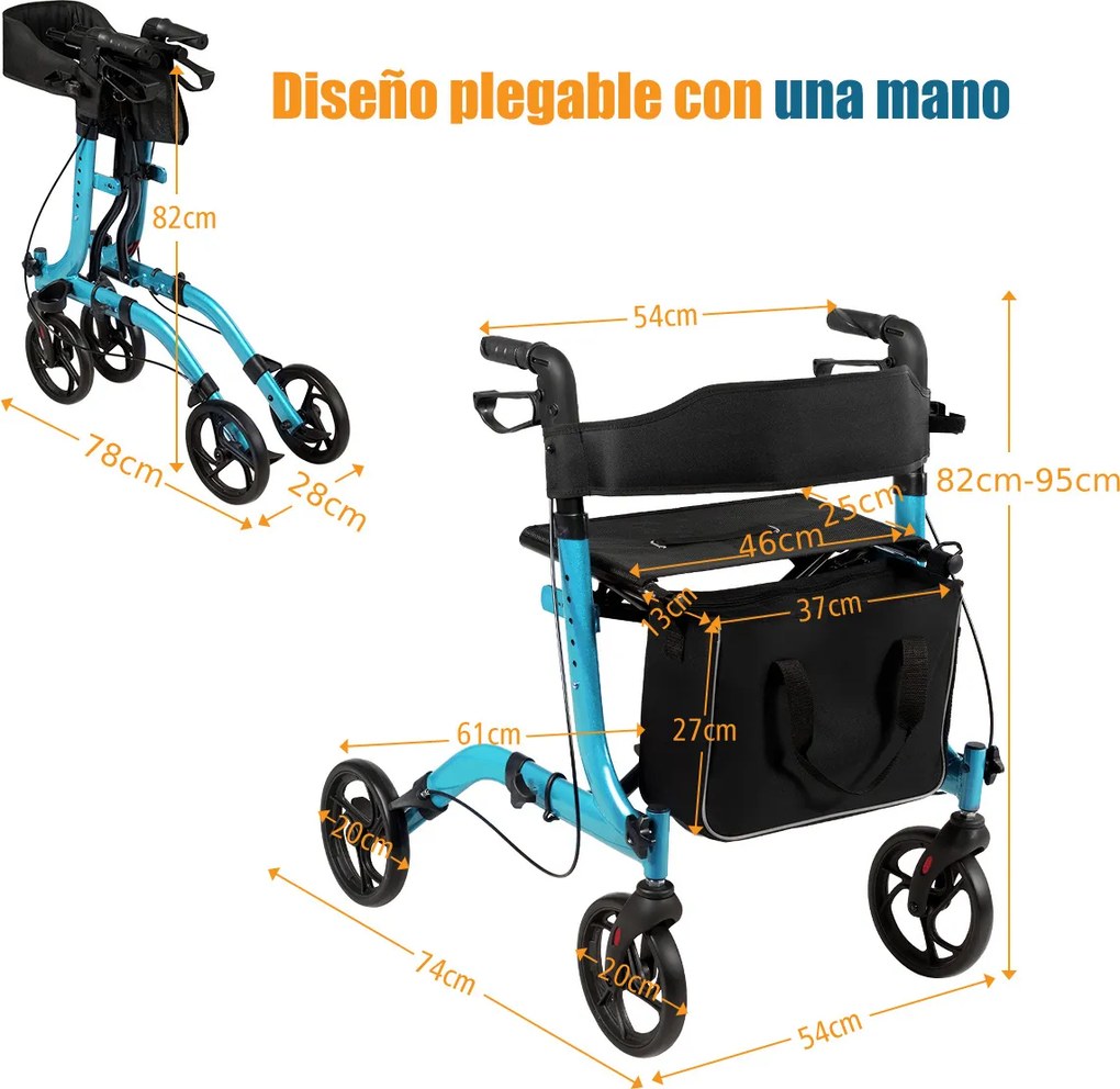 Andador idosos de alumínio dobrável leve ajustável com bolsa de armazenamento para idosos e adultos 74 x 54 x 82-95 cm Azul