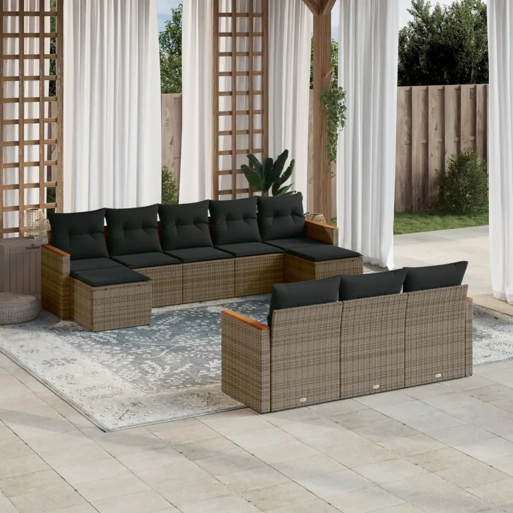 10 pcs conjunto sofás de jardim c/ almofadões vime PE cinzento