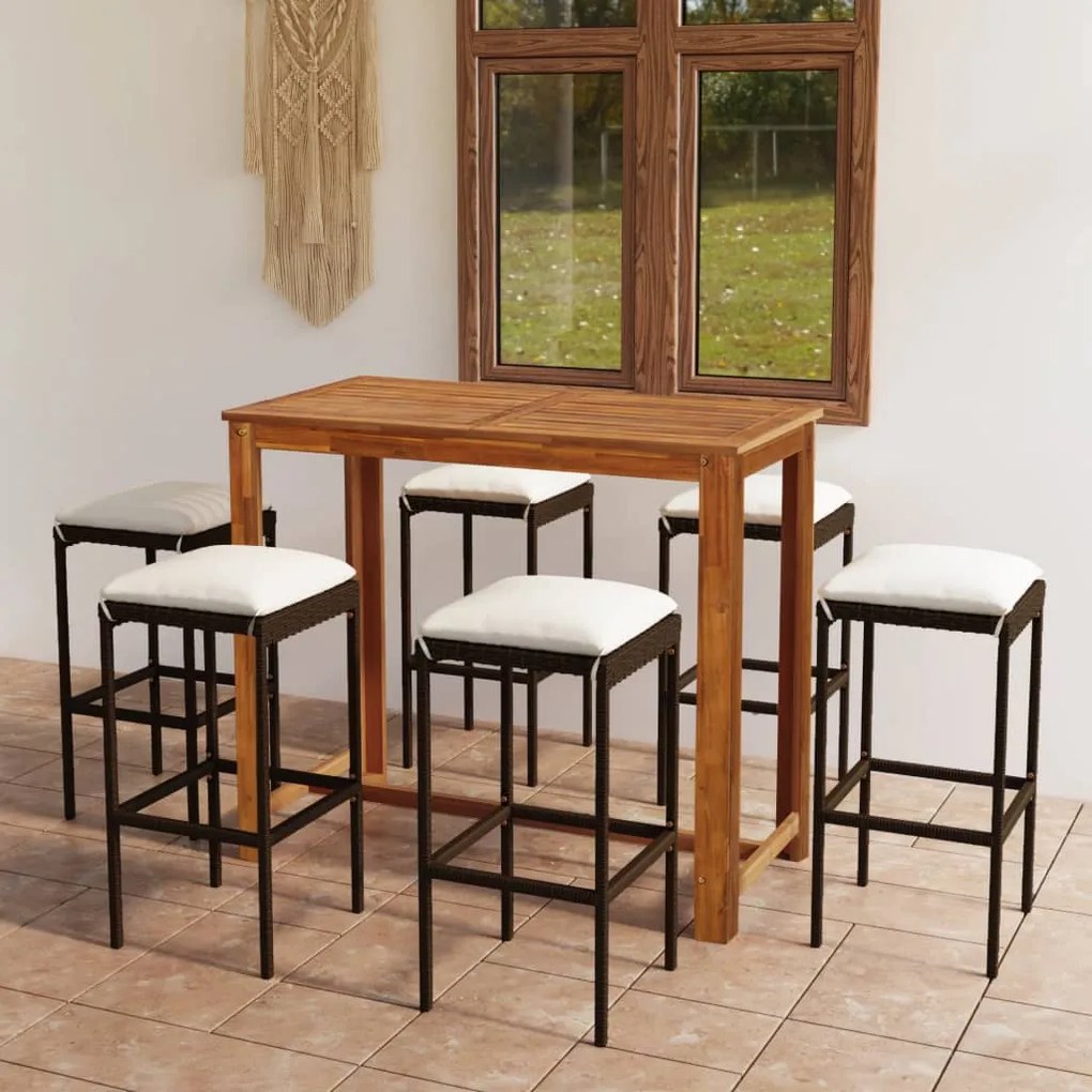 vidaXL 7 pcs conjunto de bar p/ jardim com almofadões castanho