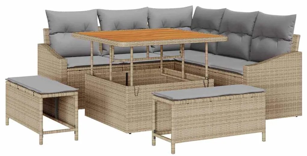 Conjunto de Sofá de Jardim de 8 Peças com Almofadas Beigas em Rattan S