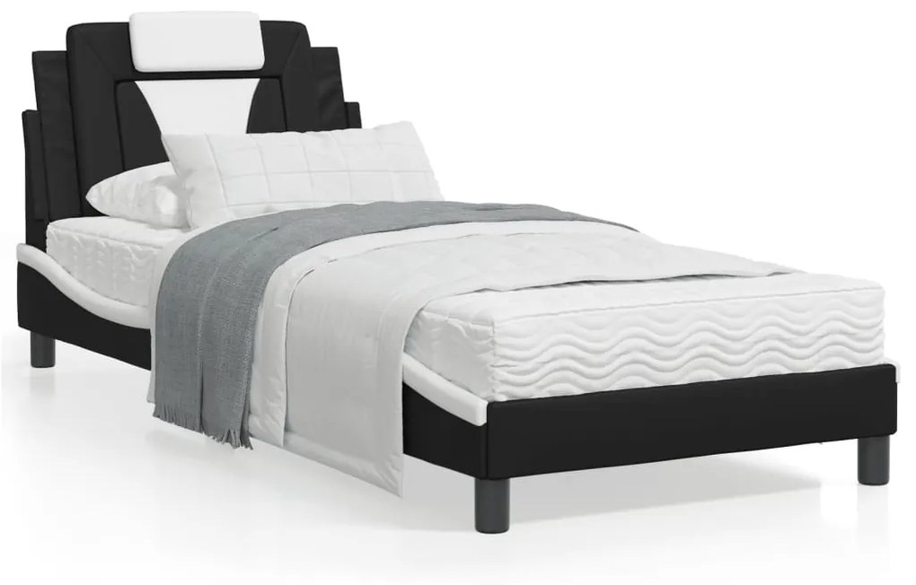 vidaXL Estrutura cama c/ luzes LED 90x200 cm couro artif. preto/branco