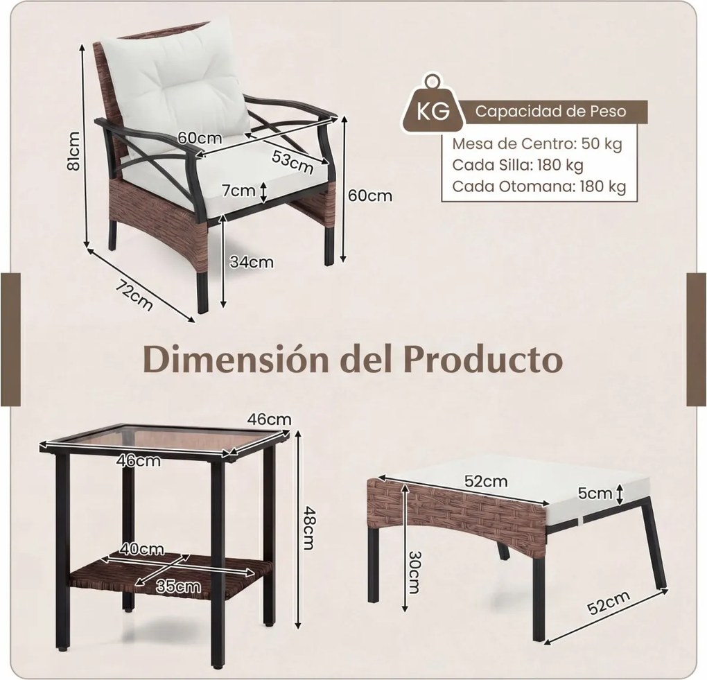 Conjunto de móveis jardim de vime de 5 peças com pufes, almofadas e mesa auxiliar de vidro temperado de 2 níveis para jardim, varanda, Castanho e Bege