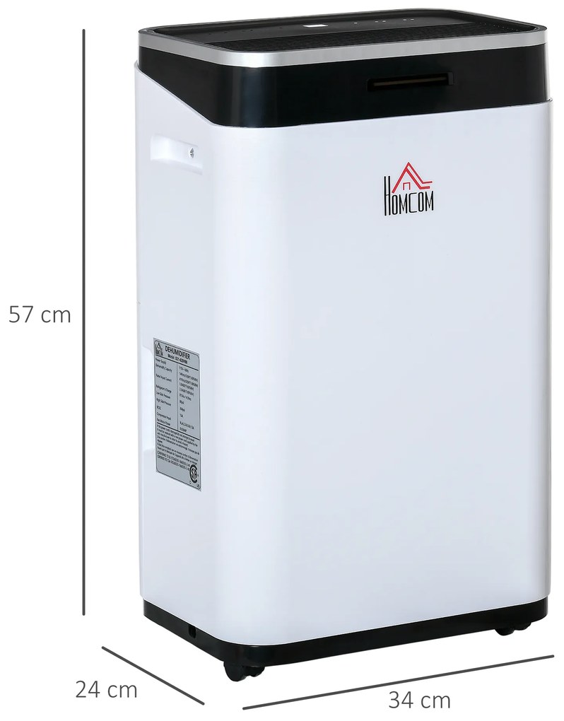 HOMCOM Desumidificador Elétrico 6,5L 20L/Dia com 3 Modos 2 Velocidades Tela LED Luzes Indicadoras Temporizador e Rodas Silencioso para Casa 34x24x57cm Branco