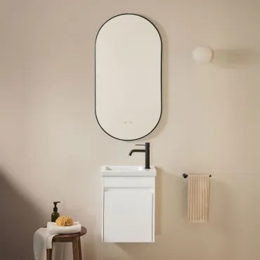Conjunto De Móvel De Casa De Banho Em Madeira Com Lavatório Integrado Narek Branco & Ovale Led E Antifog Preto 50x100 Cm Asteiro & Preto - Sklum