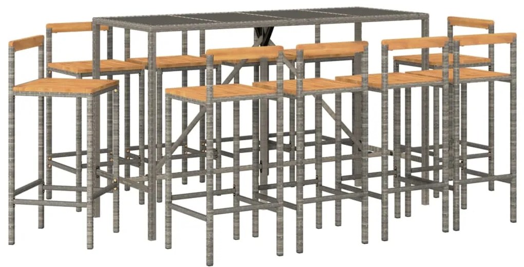 11 pcs conjunto de bar p/ jardim vime PE/acácia maciça cinzento