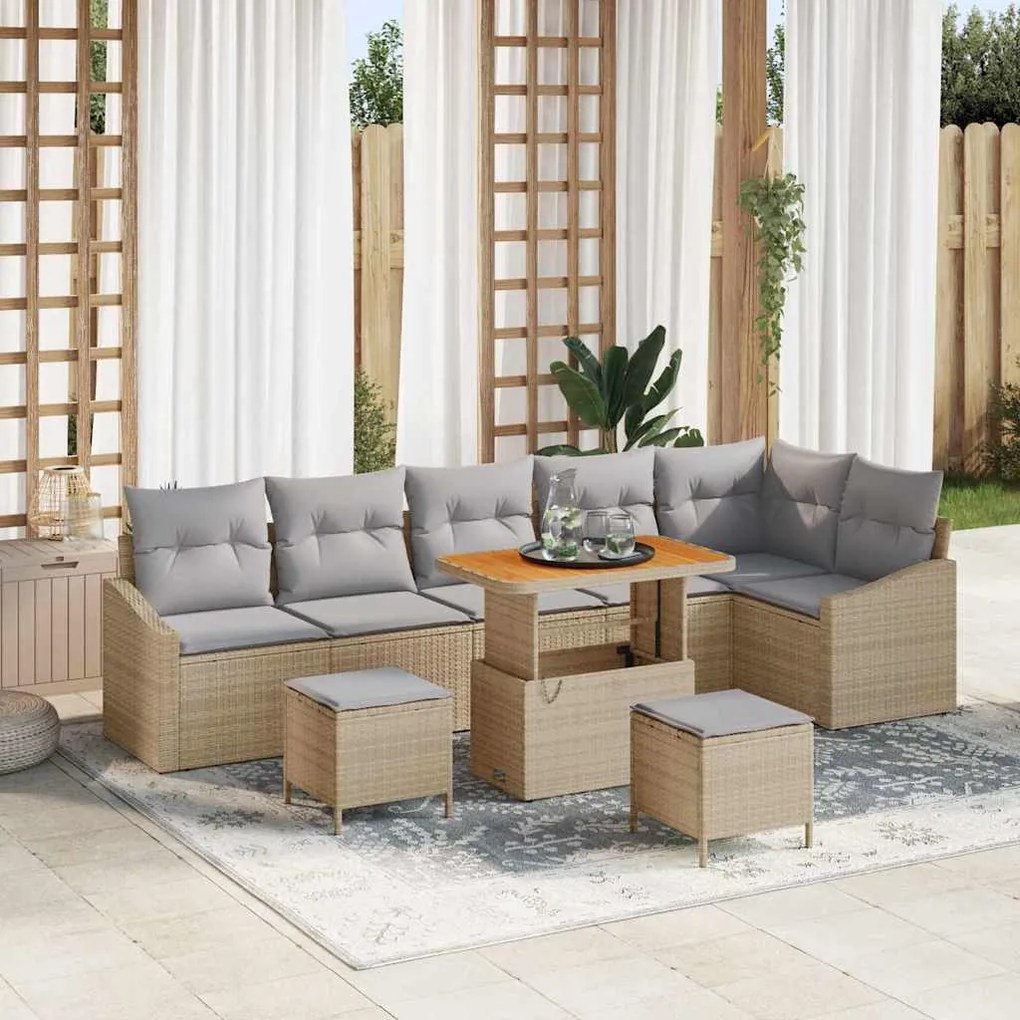 vidaXL Conjunto de Sofá para Jardim com 9 Peças e Almofadas em Rattan Sintético Bege e Acácia