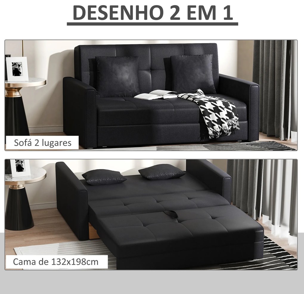 Sofá Cama de 2 Lugares Estofado em Algodão com 2 Almofadas Apoio para os Braços e Armazenamento 152x101x81cm Cinza Carvão