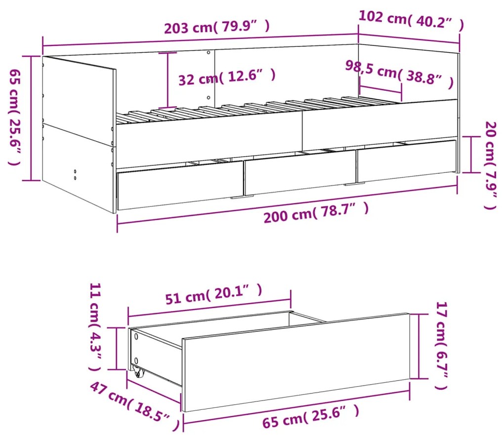 Sofá-cama com gavetas sem colchão 100x200 cm cinzento sonoma