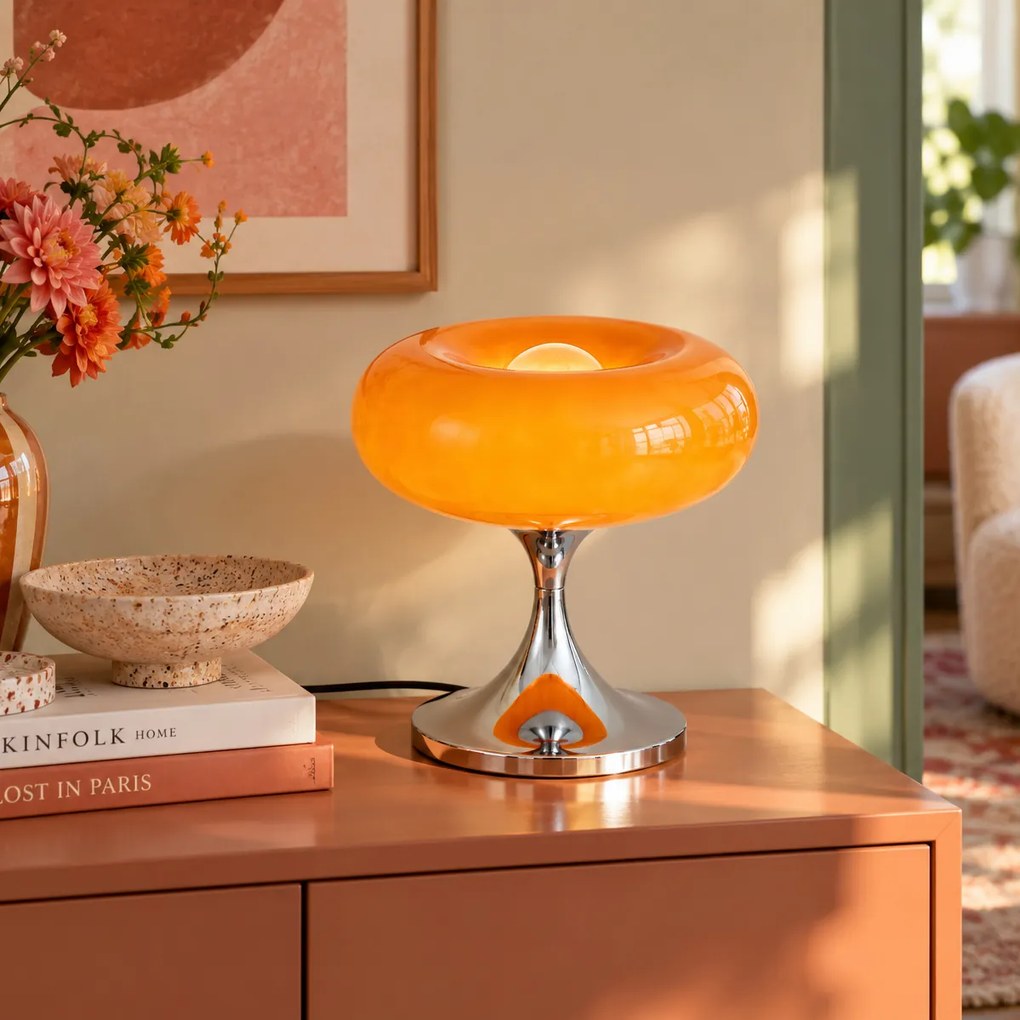 Candeeiro de Mesa Retro Cromado com Abajur de Vidro Laranja 31cm - Glaze