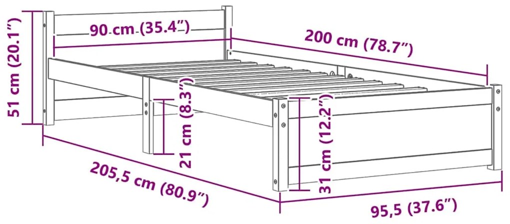 Estrutura de cama 90x200 cm madeira maciça preto