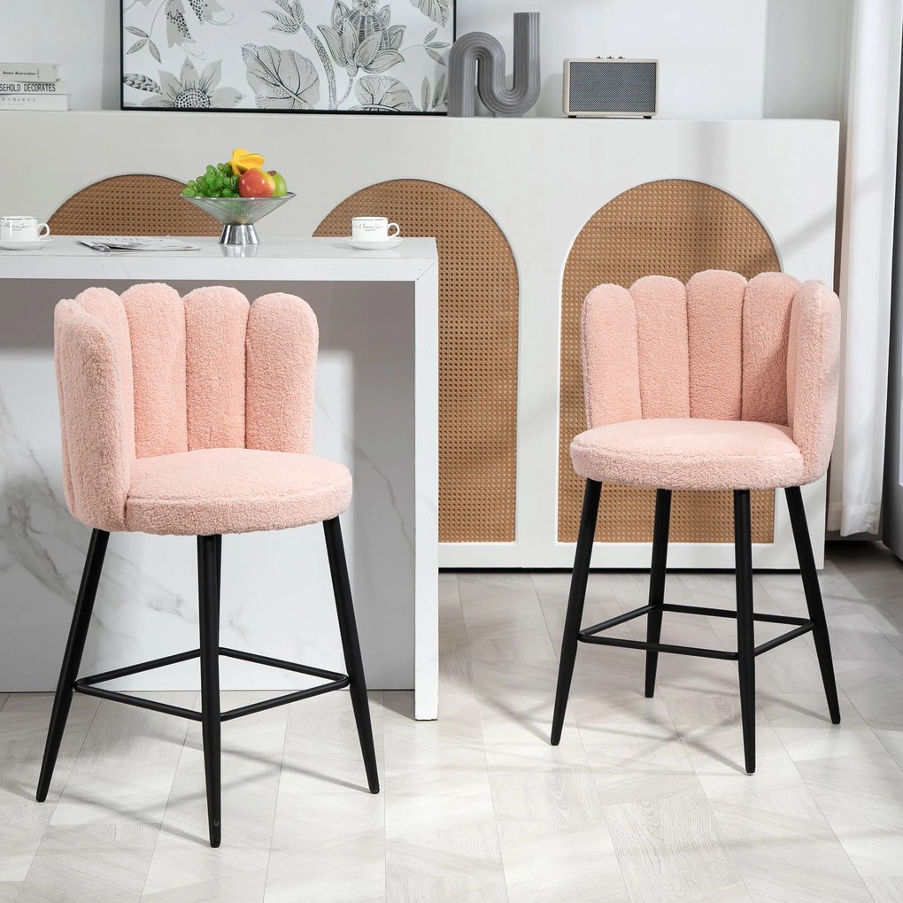 Conjunto de 2 bancos de bar com encosto e apoio para os pés, pés em aço, 52 x 53 x 93 cm, rosa