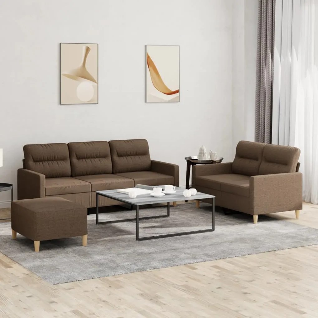 3 pcs conjunto de sofás com almofadões tecido castanho