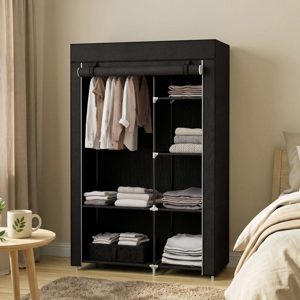 Guarda roupa de Tecido Dobrável com 6 Prateleiras e 1 Barra de Pendurar para Dormitório Vestidor 103x43x162,5 cm Preto