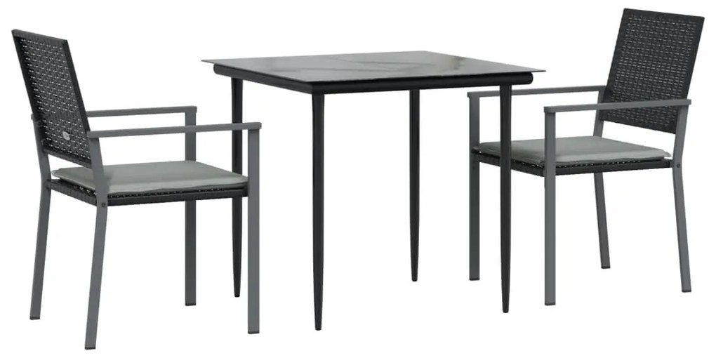 3 pcs conjunto de jantar p/ jardim c/ almofadões vime PE e aço