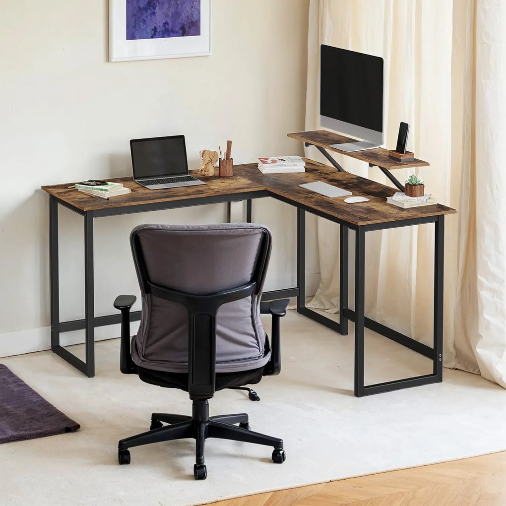 Secretaria para computador em forma de L 140 x 130 x 89 cm (C x L x A) castanho vintage, preto