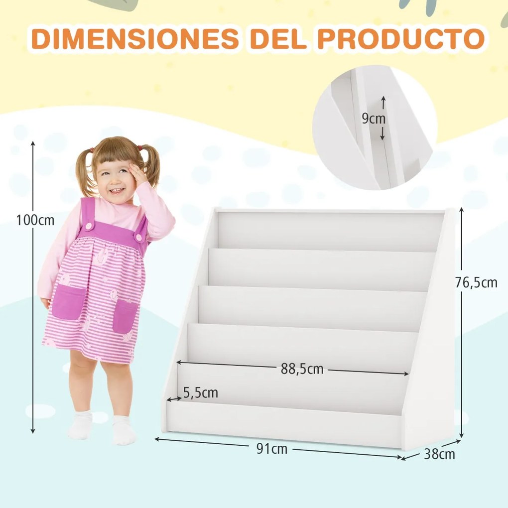 Estante infantil 91 x 38 x 76,5 cm de 5 níveis com pequeno porta-revistas para quarto infantil, sala de estar ou creche Branca