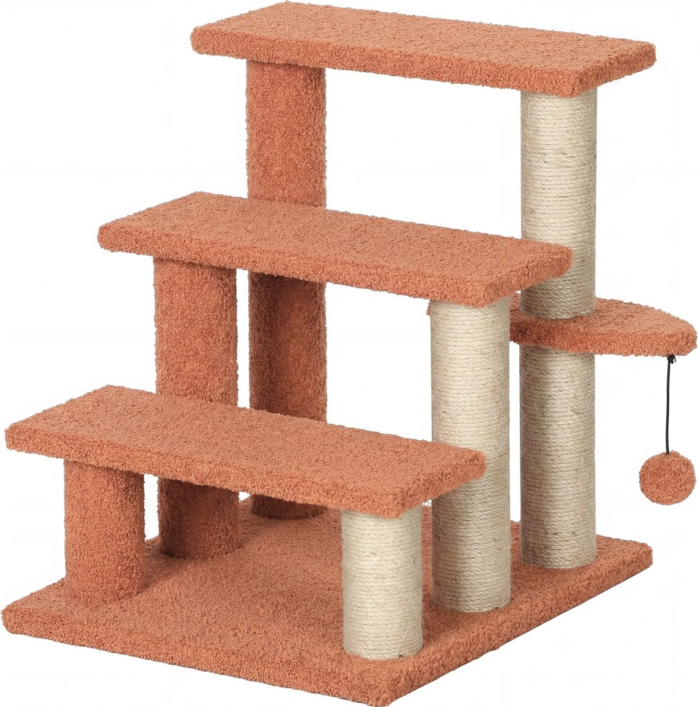 PawHut Árvore arranhadora, escada para animais, 3 degraus, bola de brincar, até 5 kg, 45x40x48cm, Castanho | Aosom Portugal