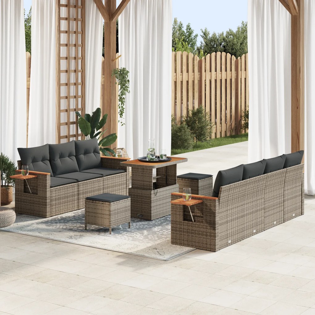 Conjunto de Sofá de Jardim vidaXL 10 Peças com Almofadas Cinza Rattan Poliéster Acácia