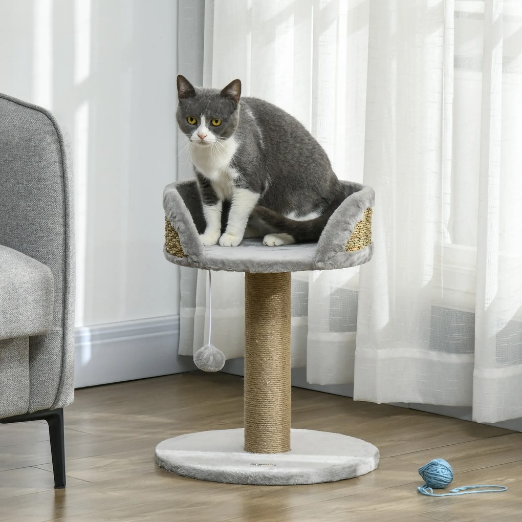 Arranhador para gatos 40 x 40 x 49 cm para trepar brinquedo com pompom suspenso + plataforma de pelúcia, juta cinzenta