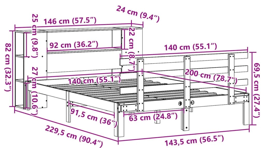 Cama com estante sem colchão 140x200 cm pinho maciço branco