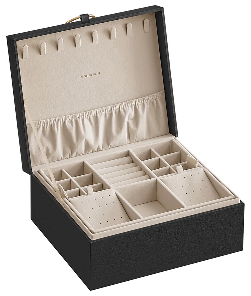 Caixa para joias com 2 níveis divisórios 20,5 x 24 x 11 cm Preto